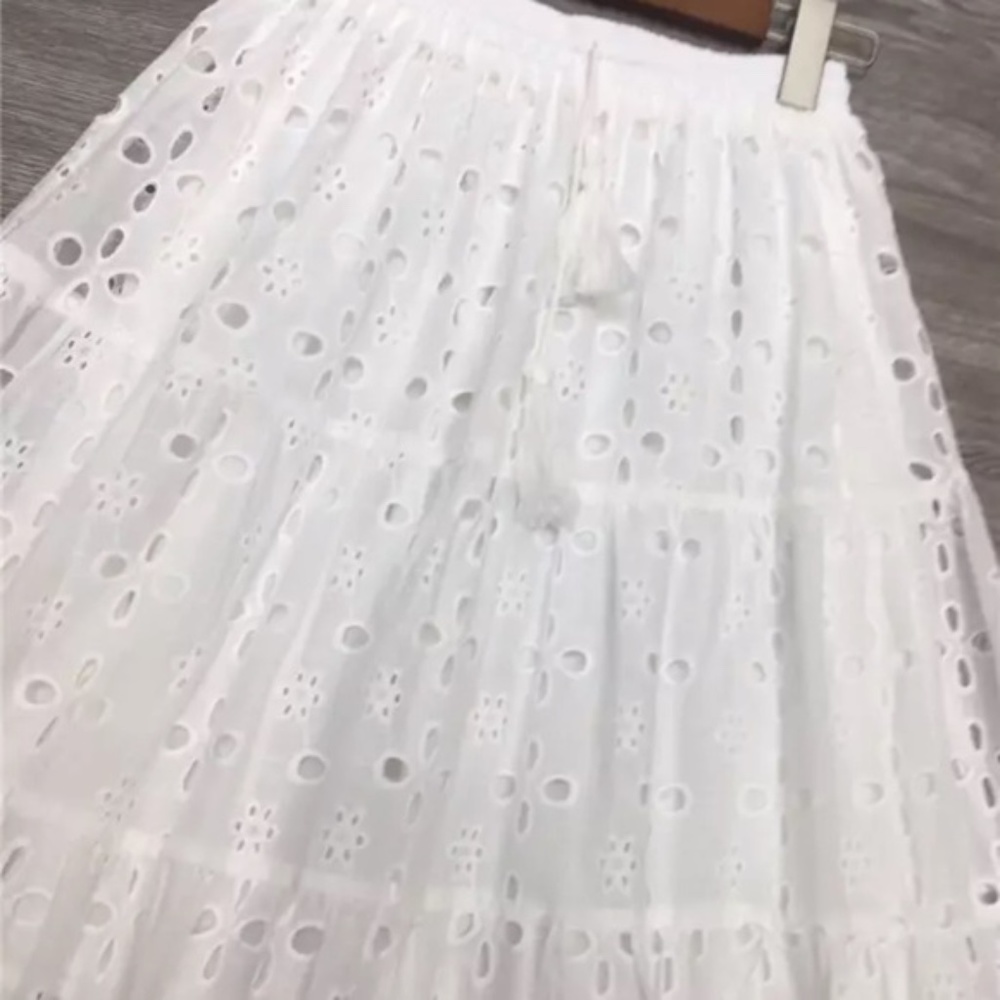 SOLD OUT White Eyelet Pompom Trim Tassel Boho Maxi Skirt - Picture 5 of 8